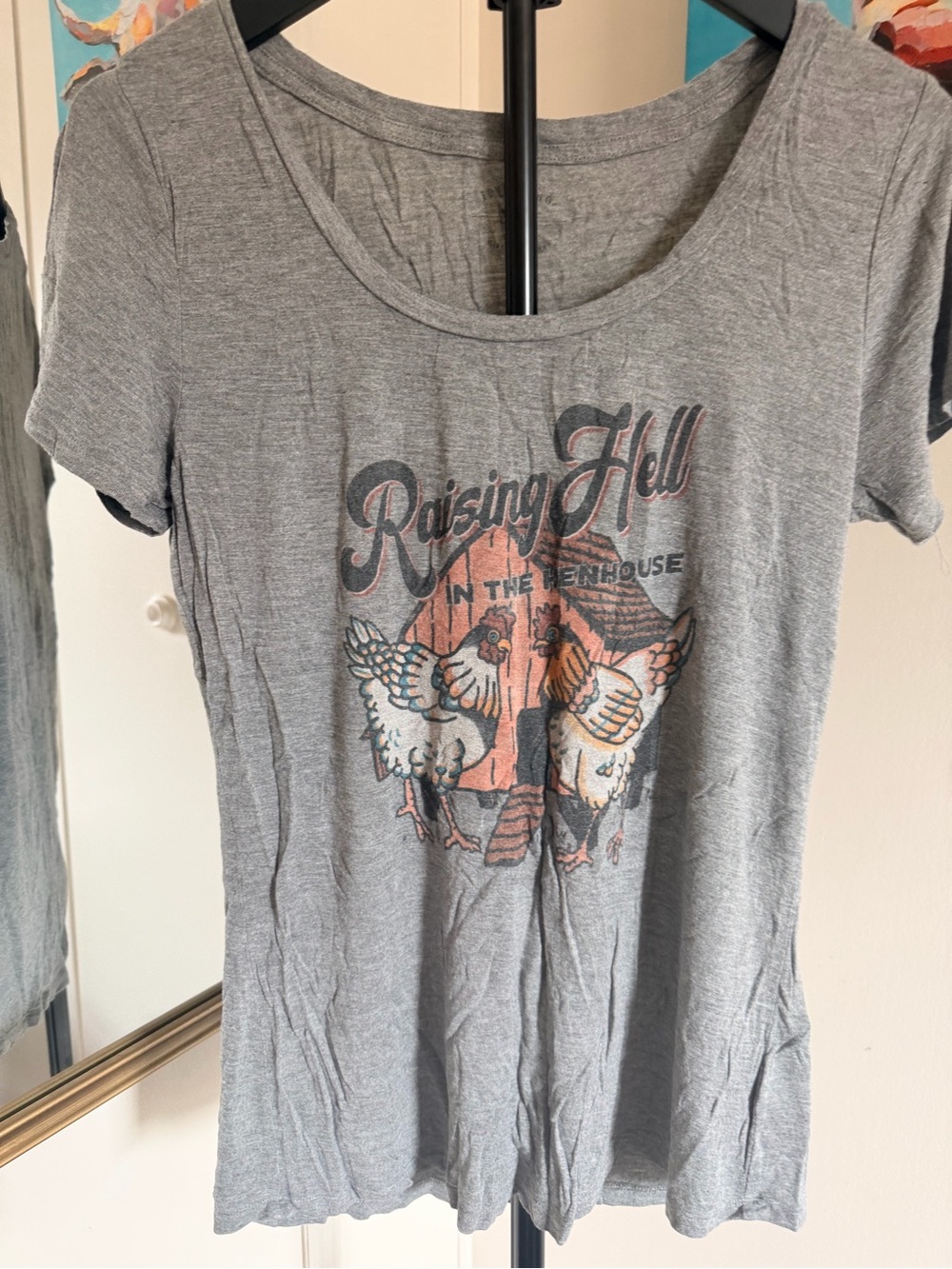 Raising Hell in the Henhouse Chicken Graphic Tee Women’s Gray
